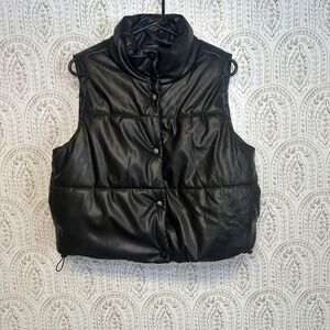 No Boundaries Black Faux‎ Leather Puffer Vest Funnel Neck Snap Front Size L